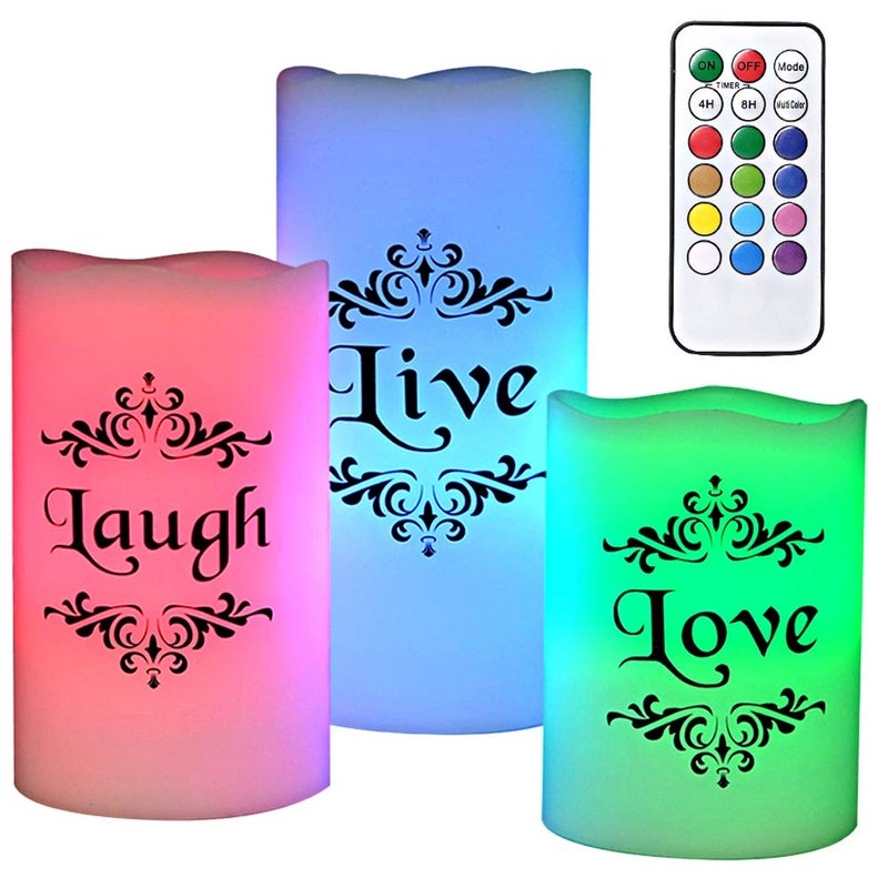 DRomance شموع DRomance الملونة التي تتغير بدون لهب تعمل بالبطارية مع جهاز تحكم عن بعد بـ 18 مفتاح، 3 عبوات من شمع حقيقي مع ملصق عيش الحب اضحك، شموع LED متلألئة على شكل أعمدة لتزيين حفلات الزفاف والعطلات (3" × 4"، 5"، 6") - Image 1